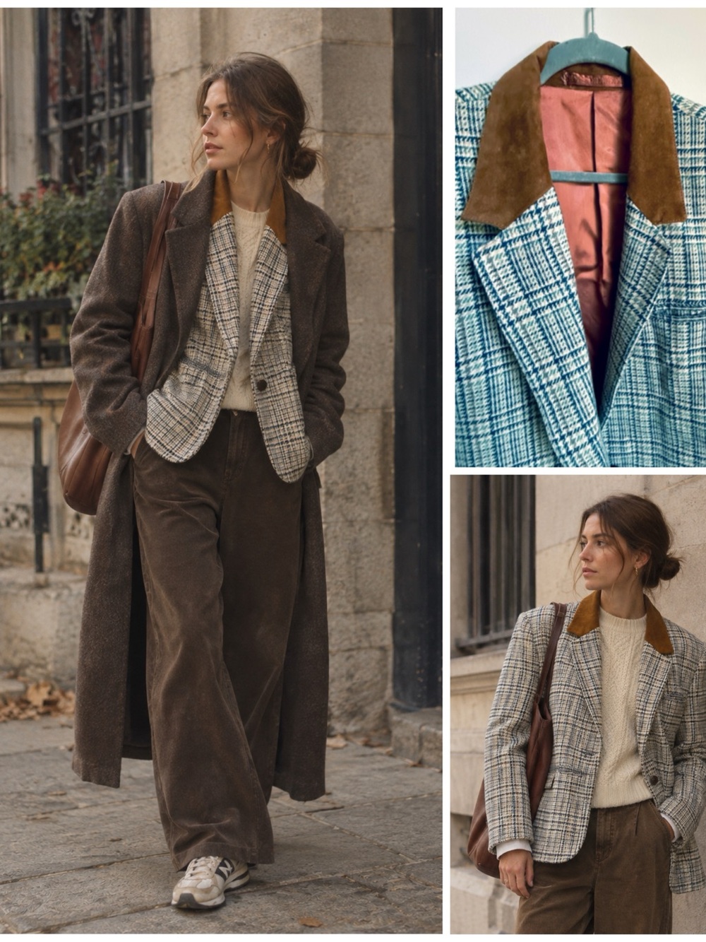 80s Tailored Wool Blazer Plaid Contrast Collar Structured Tweed Dark Academia